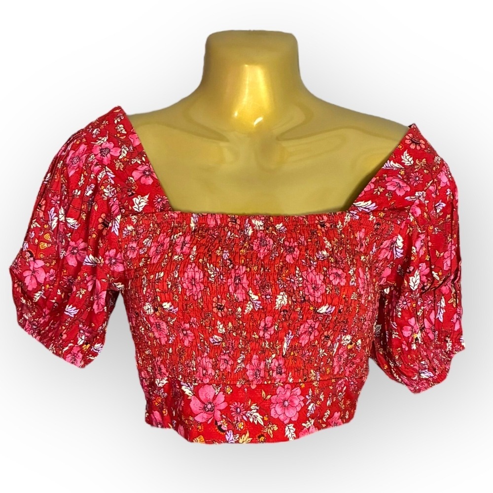 Red Floral Boho Smocked Square Neck Tie Back Crop Blouse XS NWT Band of the Free